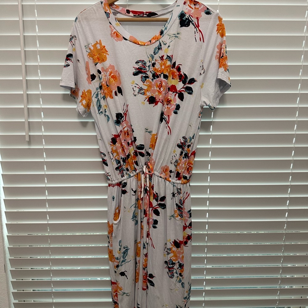 Floral Drawstring Maxi Dress - White with Orange & Pink Floral